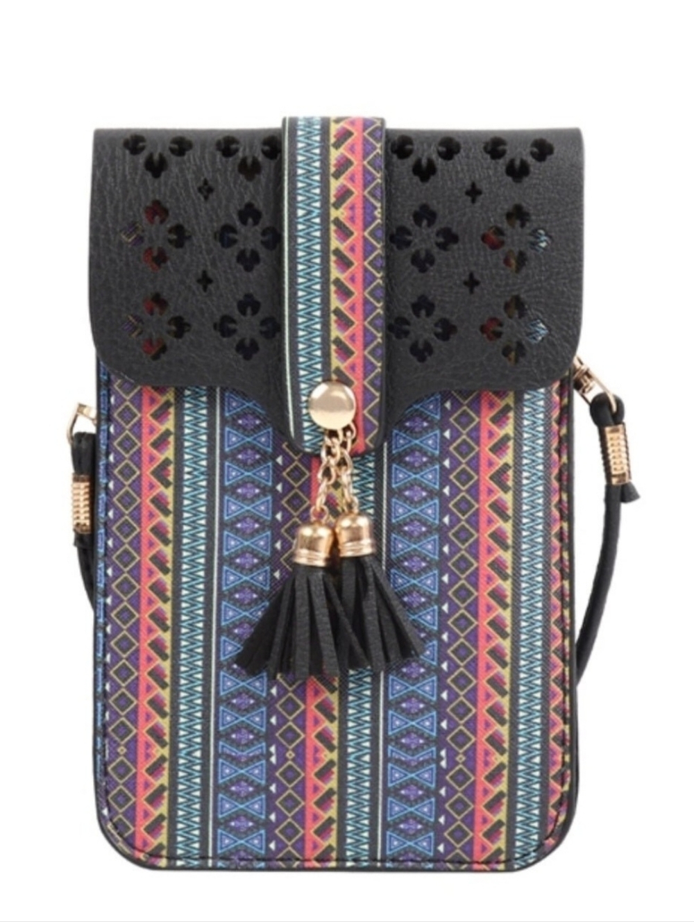 Bohemian Aztec Cellphone Crossbody Bag Purse Laser Cut Out Tassel Multicolor NEW